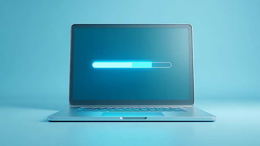 Ordinateur portable avec barre de chargement lumineuse sur fond bleu